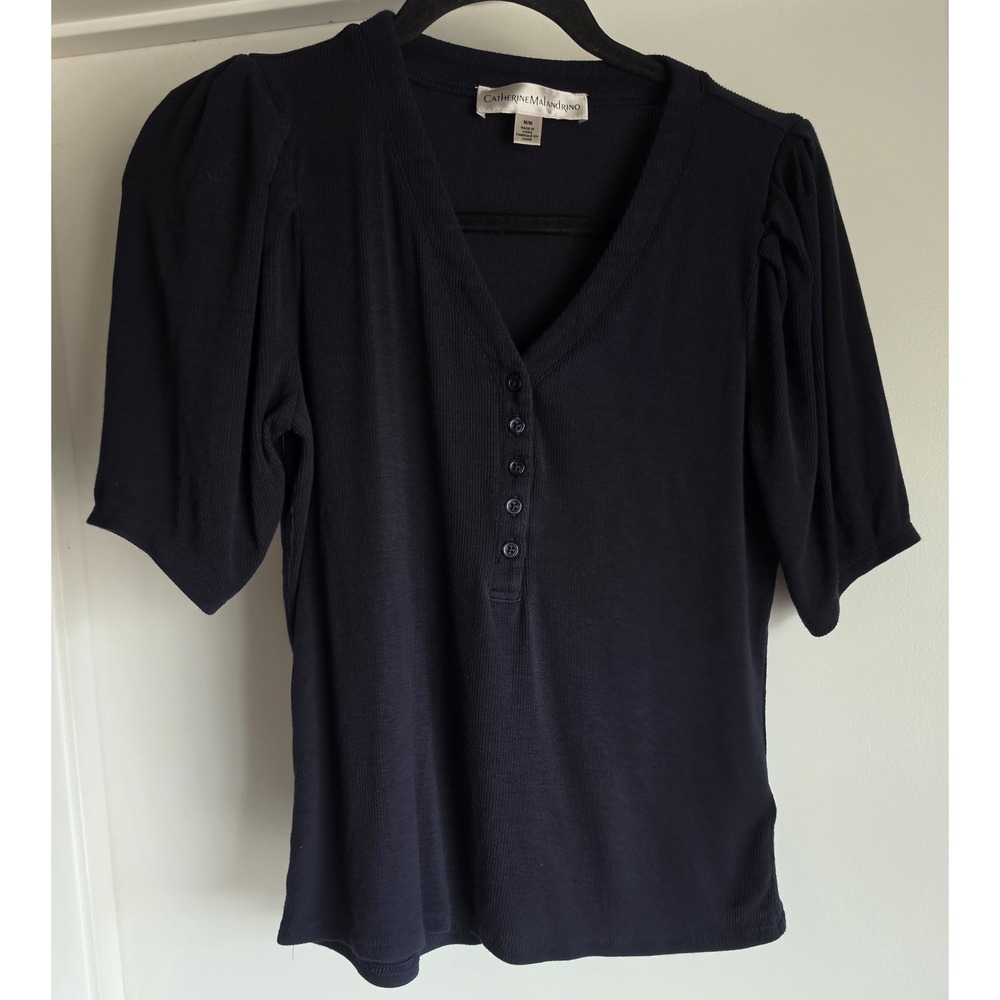 Catherine Malandrino Women's Navy Blue V-Neck Short Sleeve Top Blouse Size M
